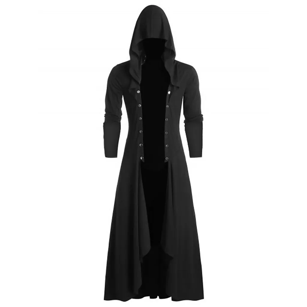 

Men Trench Coat Retro Long Coat Men Steampunk Gothic Wind Cloak Coat Windbreaker Fashion Plain Cap Cardigan Coat Casacos #T1G