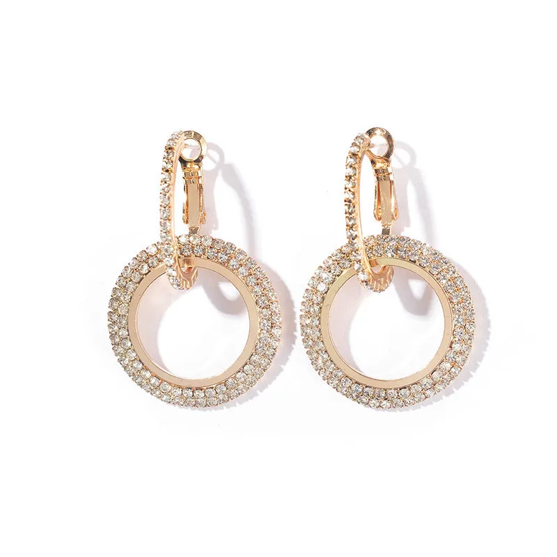 

Rhinestone Golden Earrings Hollow Out Round Crystal Paved Dangle Earrings High Quality Wedding Earring Jewelry for Women Access