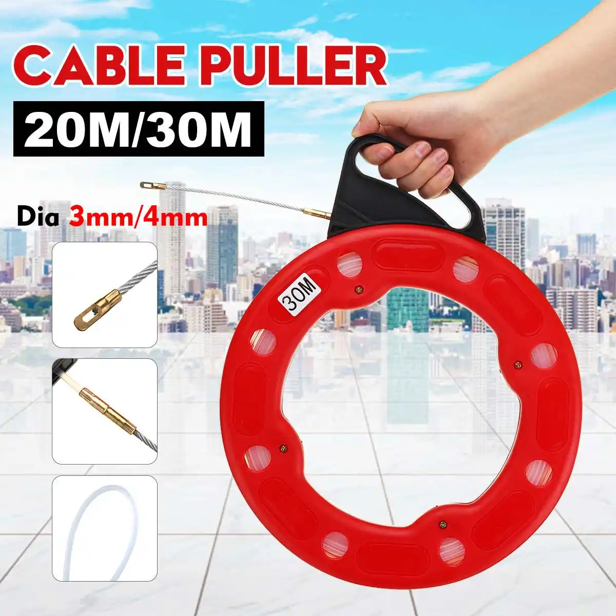 

20/30M Fiberglass Fish Tape Reel Puller Flexible Nylon Conduit Conduit Ducting Rodder Pulling Wire Cable 3.0/4.0mm