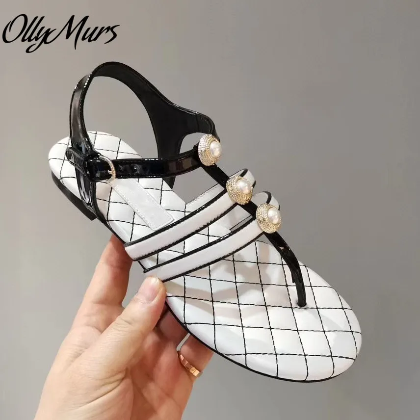 

Ollymurs New Spring Summer Genuine Leather Pearl Deco Narrow Band Luxury Brand Sandals Flats Shoes Women Zapatos Mujer