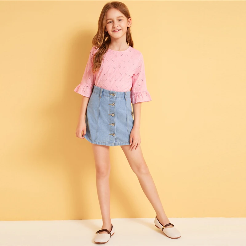 SHEIN Kiddie Ginger/однотонная кружевная блузка с рюшами и проймой для подростков г., летняя детская блузка с рукавами-бабочками на пуговицах, рубашка