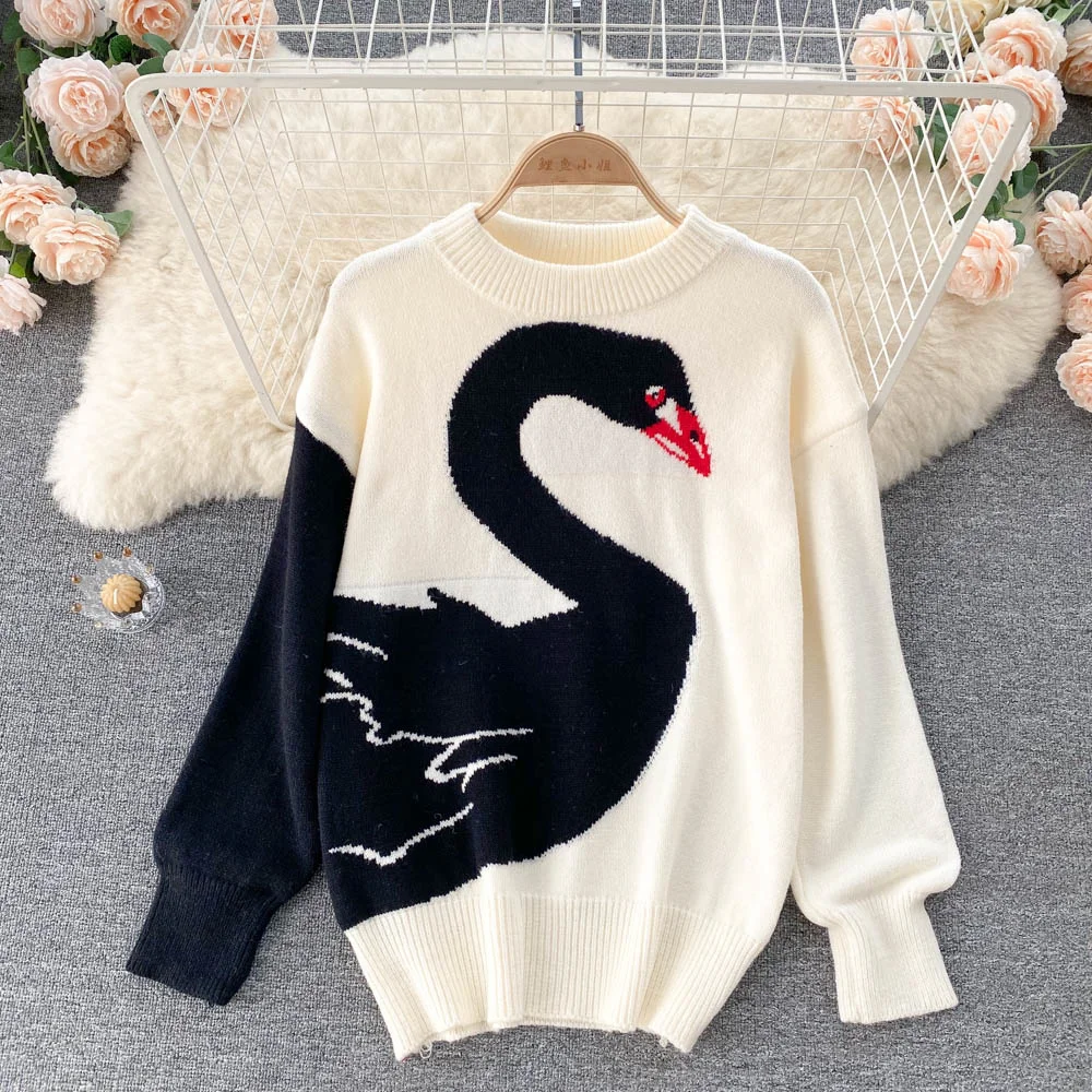 

Casual Women Knitted Sweater Pullovers Autumn Winter O-neck Long Sleeve Cartoons Jacquard Swan Loose Knitwear Female Jumper