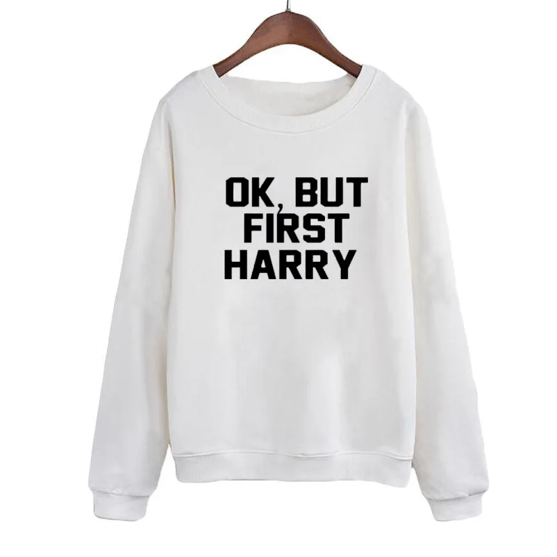 

Cute Hoodies Women Sweatshirt Europe Hip-hop Style Black Hoody OK, BUT FIRST HAPPY Letters Print Clothes