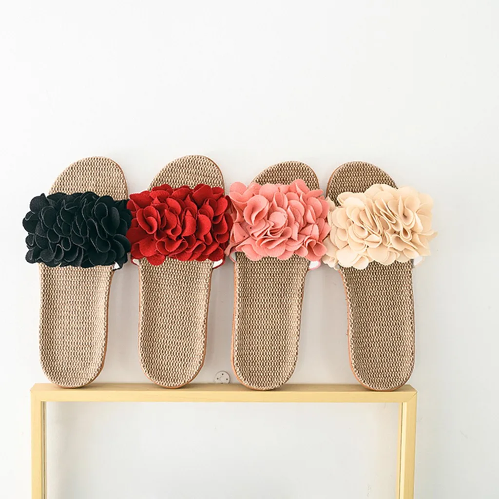 Домашние женские летние льняные шлепанцы с цветочным рисунком пляжные сандалии