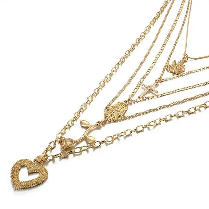

Charm Women Heart Necklace Rose Multilayer Women's Necklace Cross Rose Love Pendant Combination Necklace