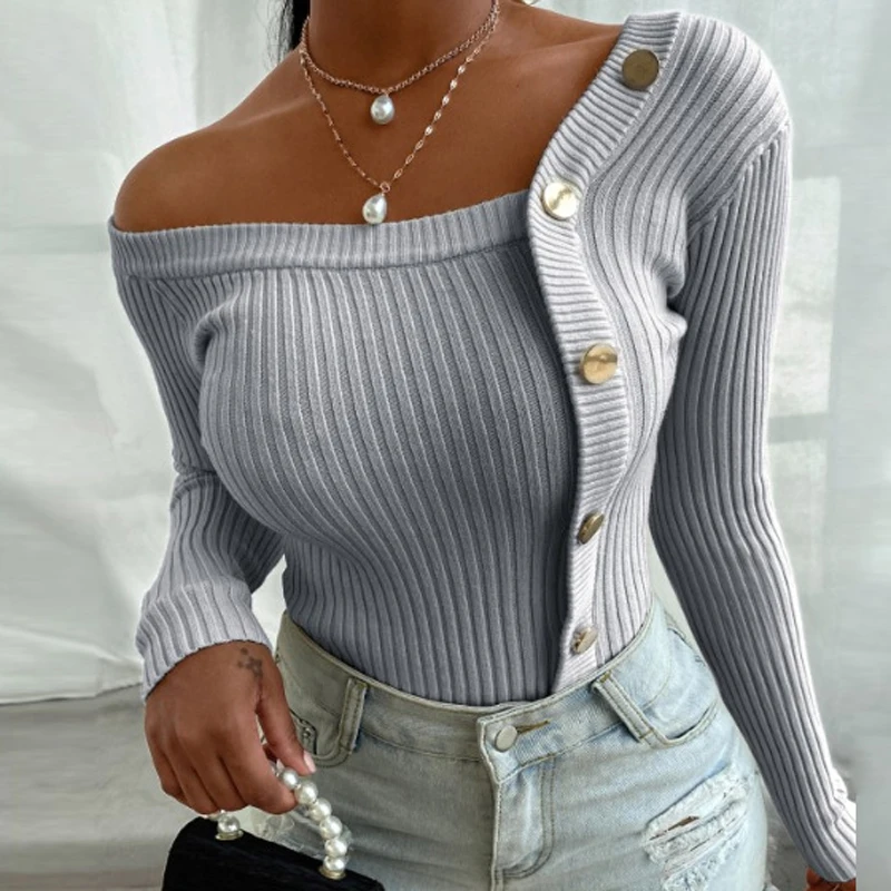 

Autumn Winter Ladies All-match Shirt Sexy One Shoulder Long Sleeve Button Chic Solid Leopard Print Blouse Shirt Tops Slim Blusa
