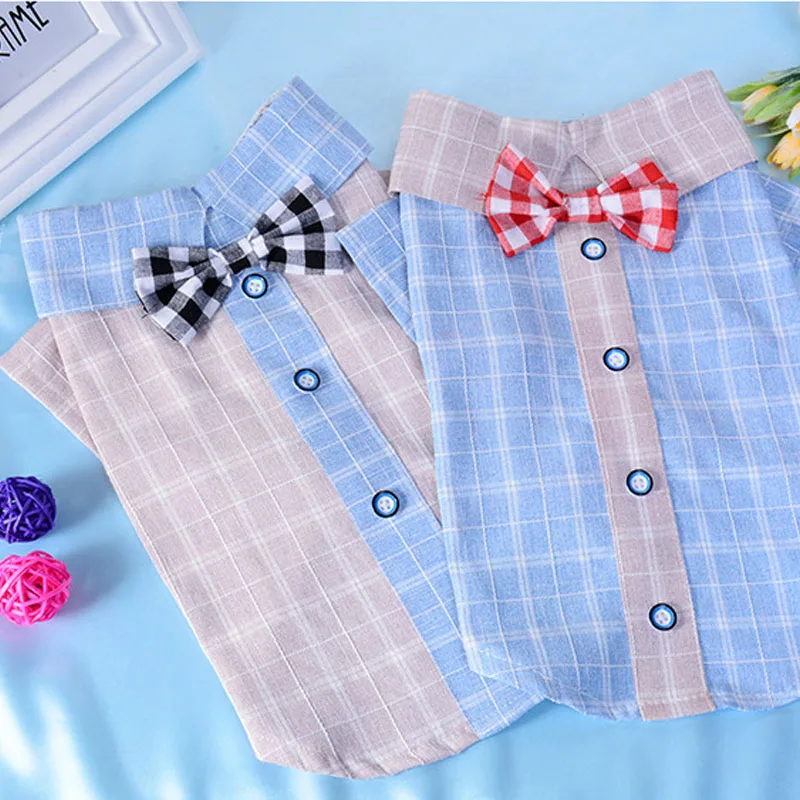 

Gentleman Bow-Tie Dog Shirt Soft Cotton Plaid Clothes For Dogs Suit Formal T-Shirt For Teddy French Bulldog Summer Dog Clothes