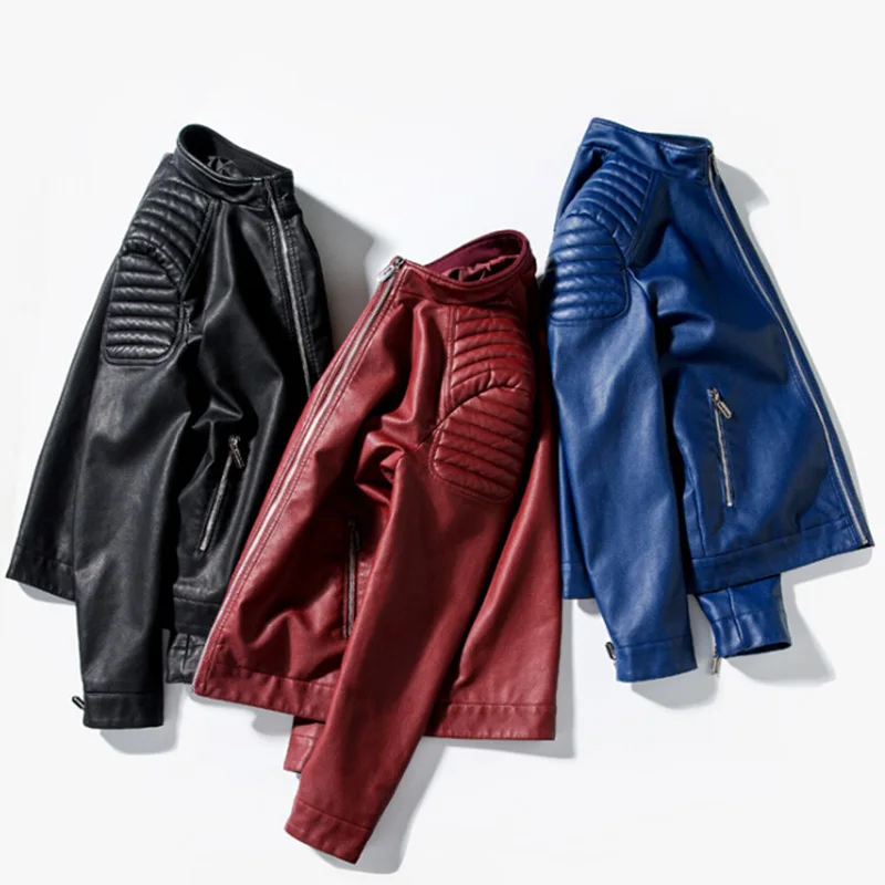 Мандарин Воротник Мода Slim Fit винно-красная кожаная куртка мужская мотоциклетная