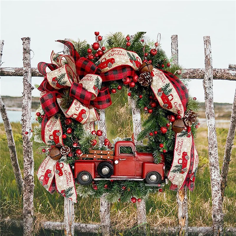 Guirnalda colgante para puerta de Navidad, colgante de pared con lazo de cami&oacute;n, C&iacute;rculo de rat&aacute;n, adorno de decoraci&oacute;n navide&ntilde;a, guirnalda de frutas rojas, decoraci&oacute;n del hogar-3