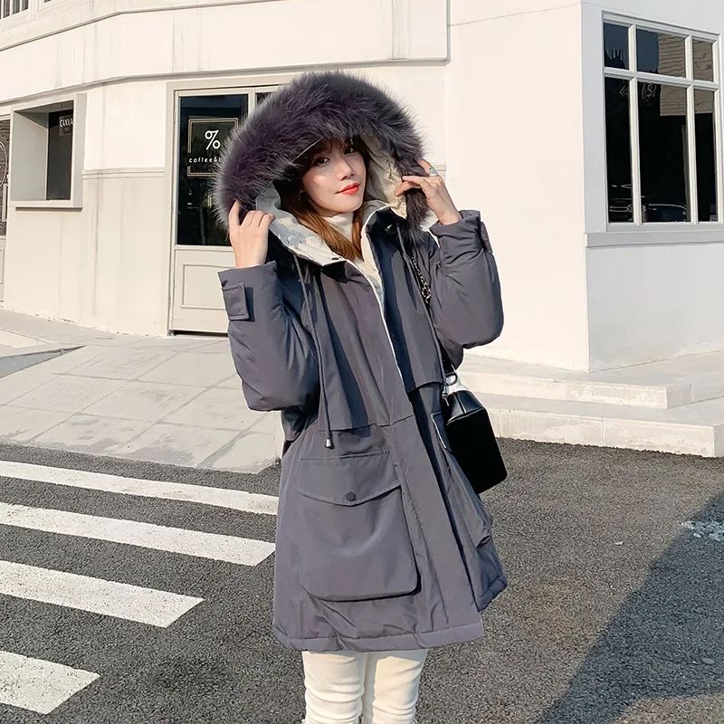 

Autumn and winter new style European and American style Korean loose big fur collar mid-length down padded jacket tooling women
