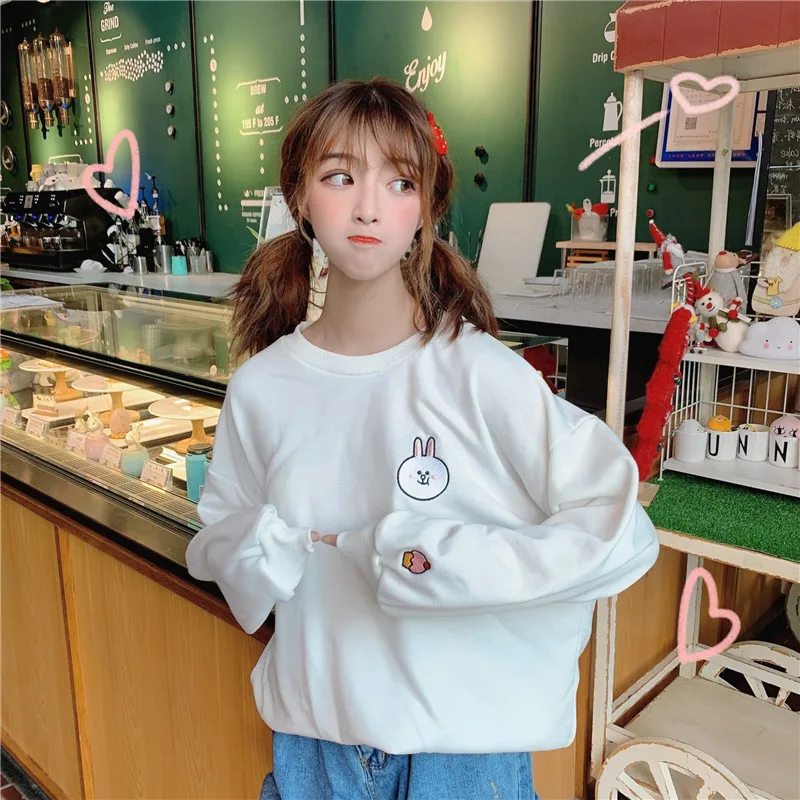 Женские толстовки Harajuku мультипликационный кролик в стиле кавай коричневый медведь вышивка Kpop негабаритный свитер Корейская уличная одежда