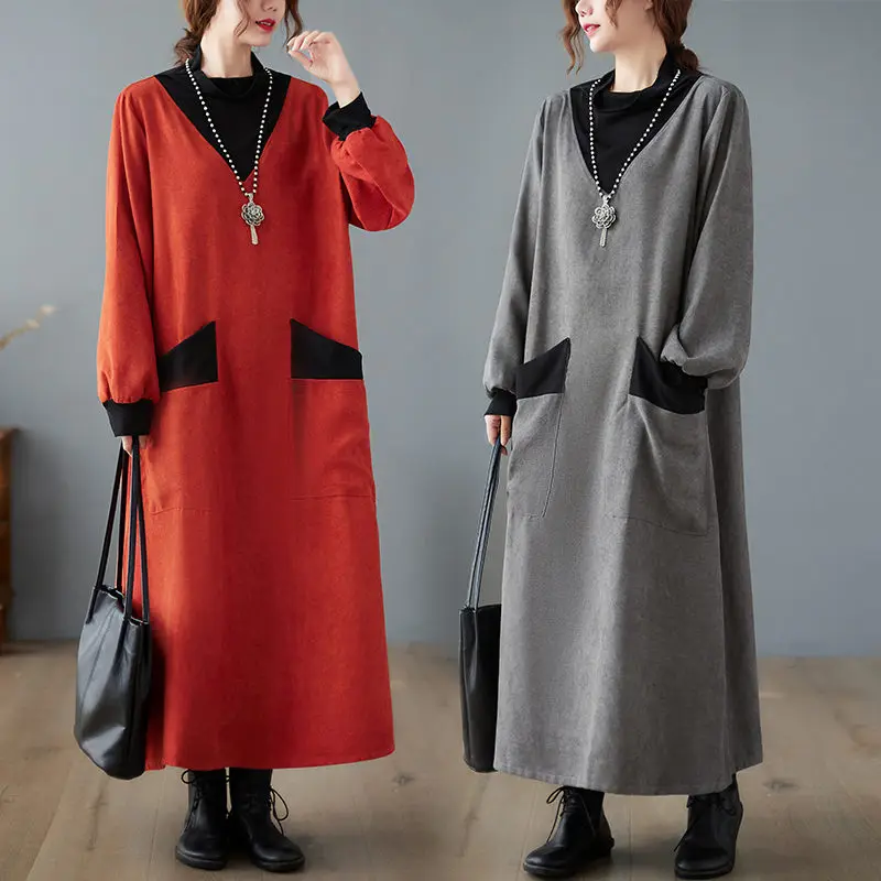 

Dress For Women Autumn And Winter Half-High Neck Long Dress Knit Loose Full Sleeve Hit Color Spliced Tunic Robes M1463