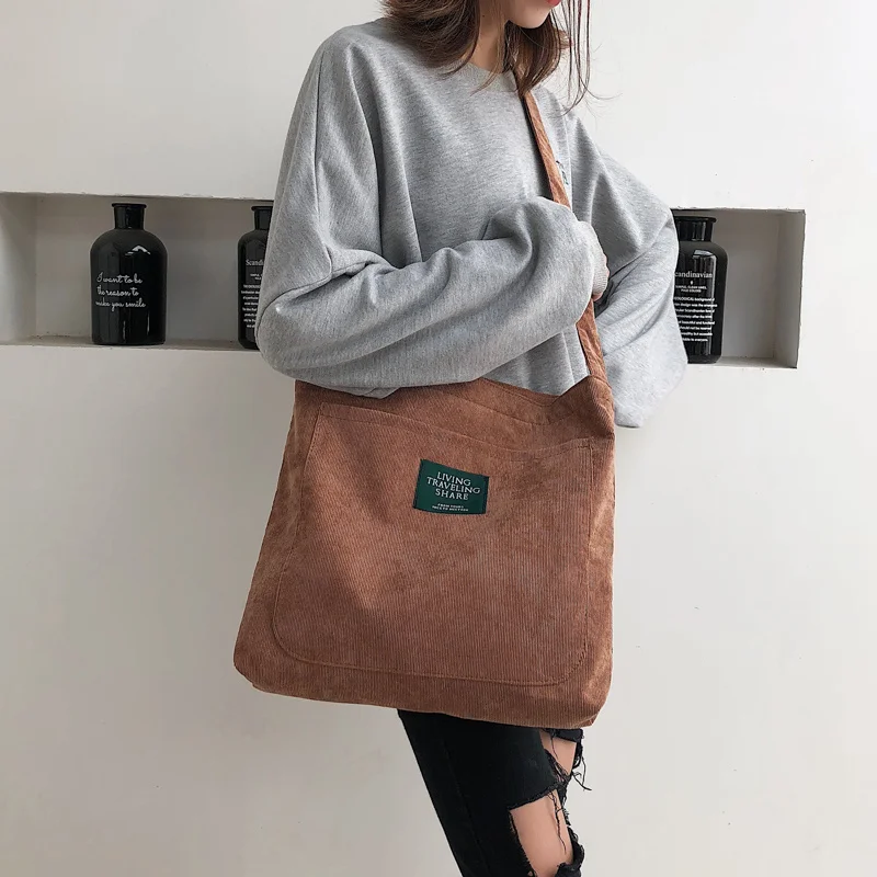 

Women Corduroy Shoulder Bag Quality Canvas Crossbody Bags Simple Cloth Fabric Handbag Tote Solid Zipper Messenger Bags For Girls