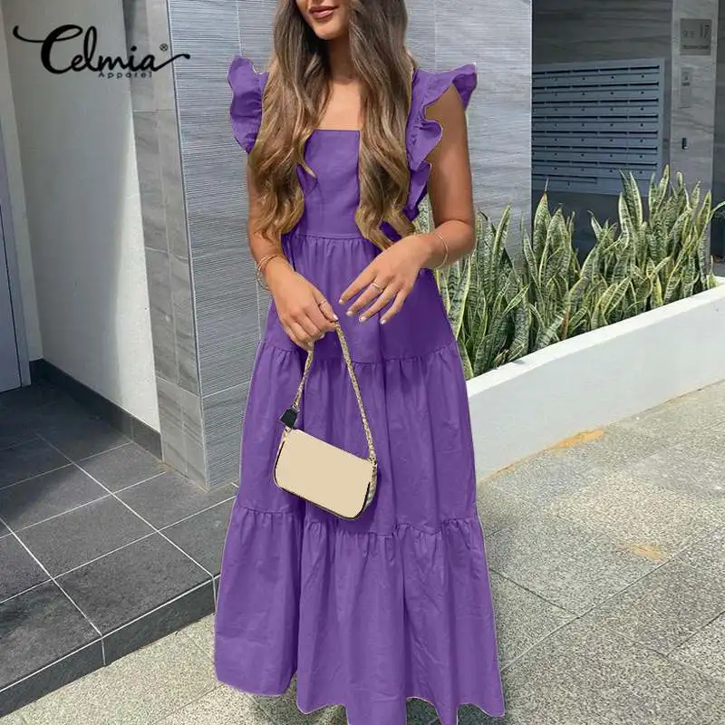 

Casual Backless Long Vestidos Women Sleeveless Ruffles Dress Celmia 2022 Summer Sexy Square Collar Maxi Sundress Holiday Robe