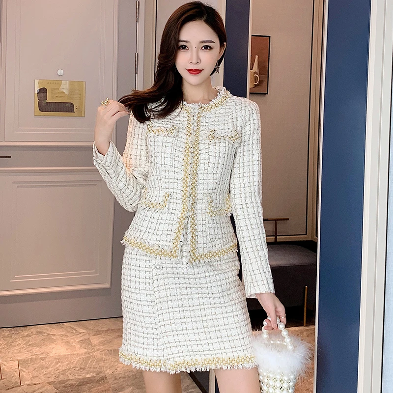 Одежда из твида комплект 2 частей Осенне зимняя Дамская обувь шерстяное пальто с