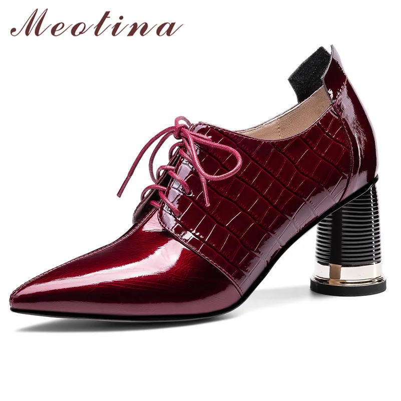 

Meotina Real Leather High Heel Pumps Women Pointed Toe Shoes Cross Tied Chunky Heels Shoes Fashion Lady Footwear Wine Red 33-46