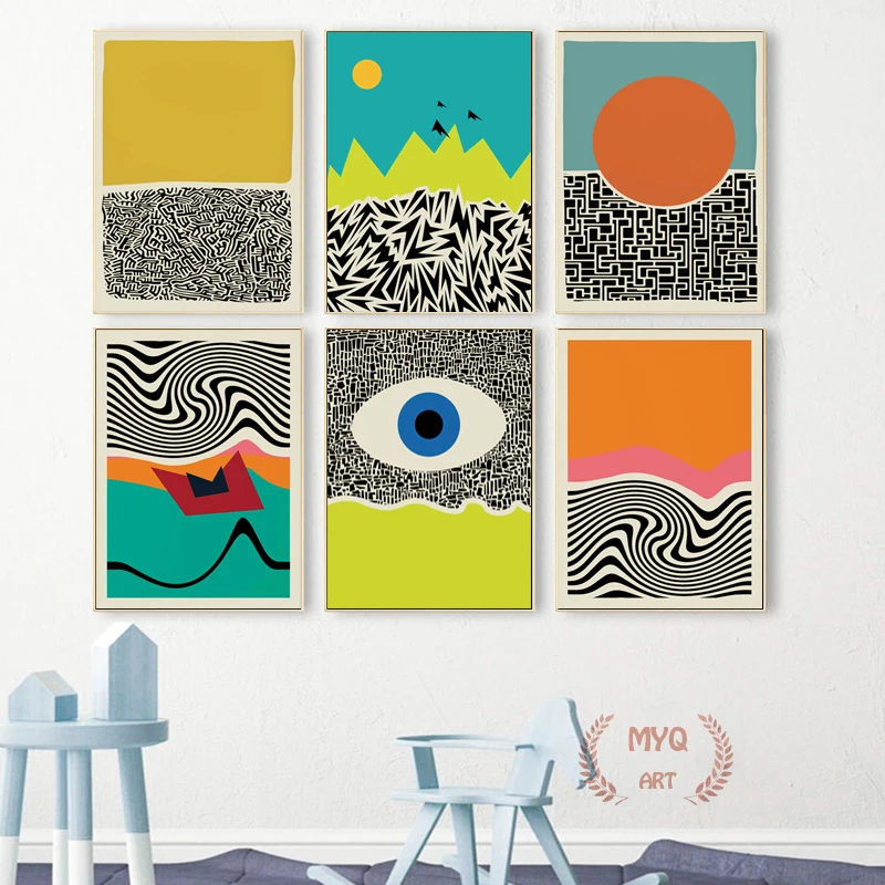 

Modern Colorful Red Blue Yellow Abstract Line Geometric Canvas Painting Wall Art Picture Poster Print for Living Room Home Decor