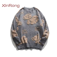 spring casual loose knit sweater japanese fresh and versatile printing male sweater cartoon bear embroidery round neck fashion