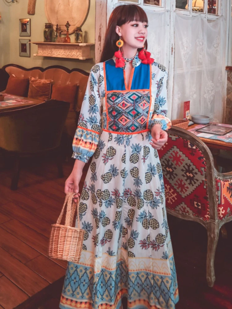

Elegant Dress With Long Sleeves Printed Retro Bohemian Tourism Holiday Beach Folk Wind Heavy Embroidered v-Neck Long Style Dress