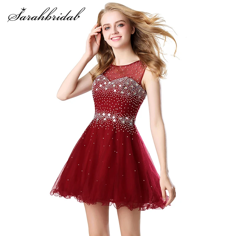 Сладкий бордовый короткие выпускные платья прозрачная ткань на шее открытая