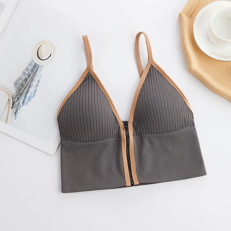 

Women Sexy V-Neck Zipper Front Camisole Contrast Color Trim Backless Tank Top Spaghetti Strap Ribbed Sports Bralette