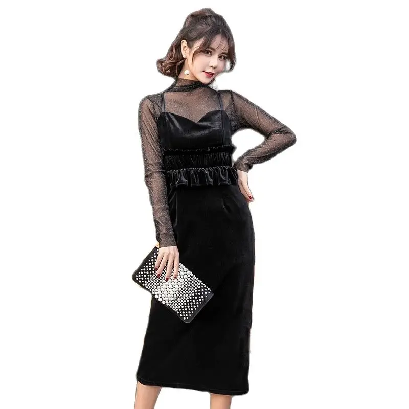 Платье с длинным рукавом черное Сетчатое прозрачное оборками Бандажное для