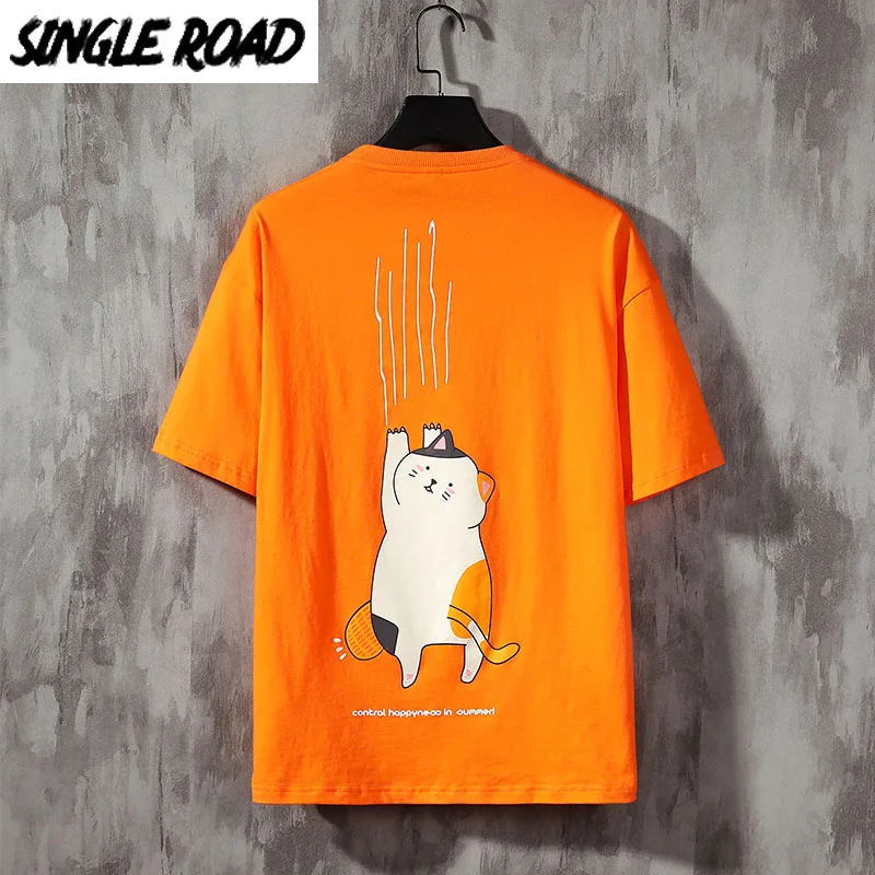 Мужская футболка с желтым котом SingleRoad летняя Японская уличная одежда большого