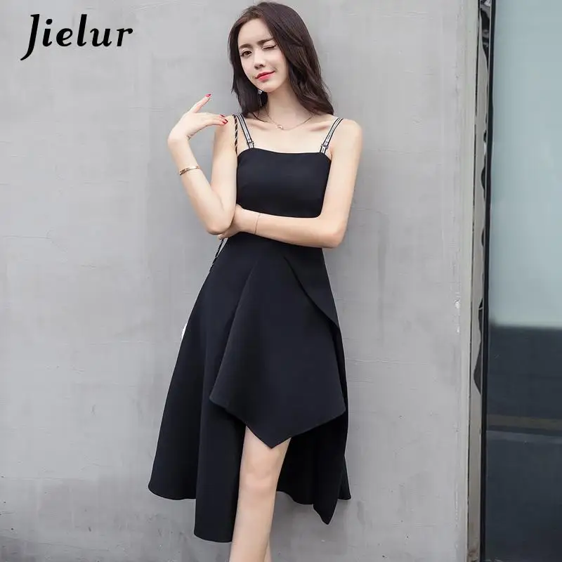 Женское платье на бретельках Jielur черное с оборками в Корейском стиле элегантное
