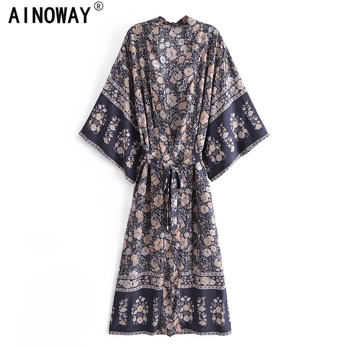 Женское винтажное богемное кимоно серое платье макси с цветочным принтом поясом