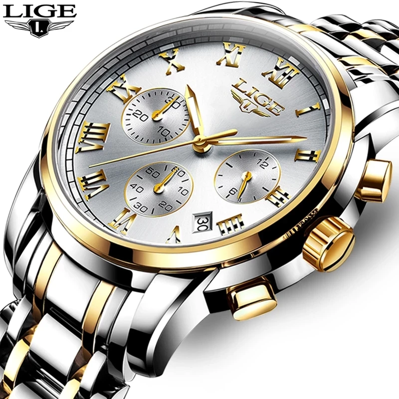 Часы наручные LIGE Мужские кварцевые роскошные брендовые полностью стальные