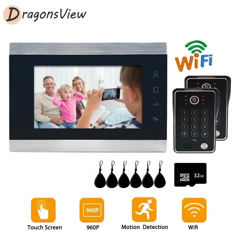 

DragonsView 7 Inch Wireless Intercom Video Door Phone Wifi 960P 2 Doorbells Motion Detect for Home Security Unlock APP RFID