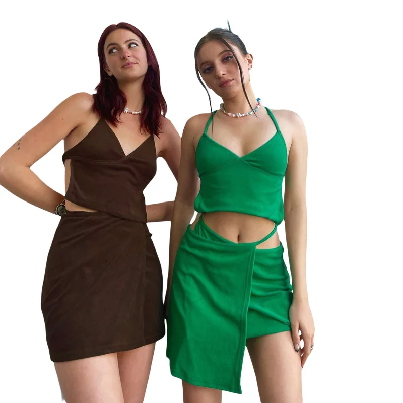 

2021 Summer New Women's Hanging Neck Halter Camisole Bag Hip Skirt Street Wear Casual Suit Female 2-piece Set