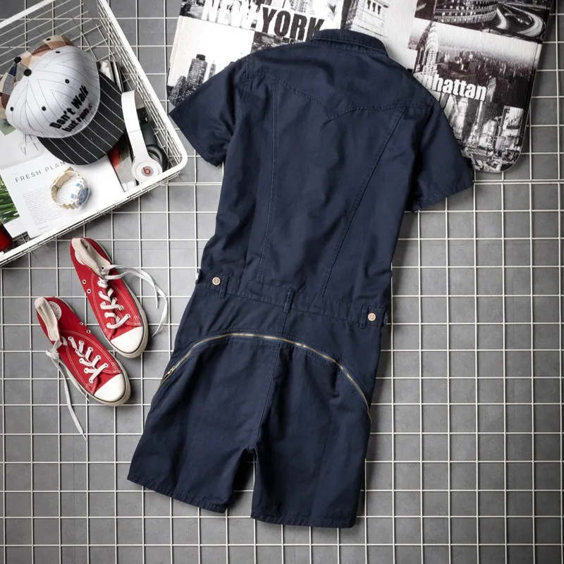 

Summer Mens Short Sleeve Jumpsuit Overalls Knee Length Beach Shorts High Street Pockets Hip Hop Zip Hip Bib Cargo Harem Shorts