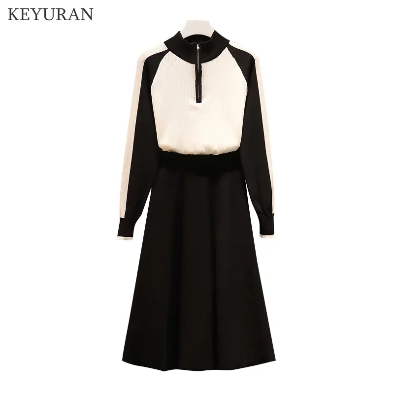 Женский винтажный трикотажный комплект из юбки элегантный пуловер с длинным