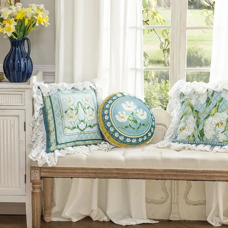 Pearl Throw Pillow Cushion Cover Lily Flowers Artwork Decorative Square Accent Pillow Case Blue Green 45x45cm Light Luxury Lace