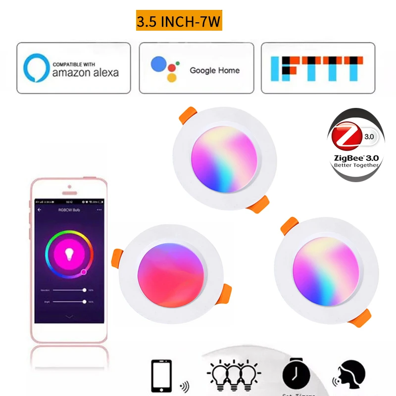 

Tuya Zigbee 3,0 Интеллектуальный светильник 7 Вт/10 Вт RGB затемнение потолочный встраиваемый круглый свет умный дом голос Управление работать с Alexa