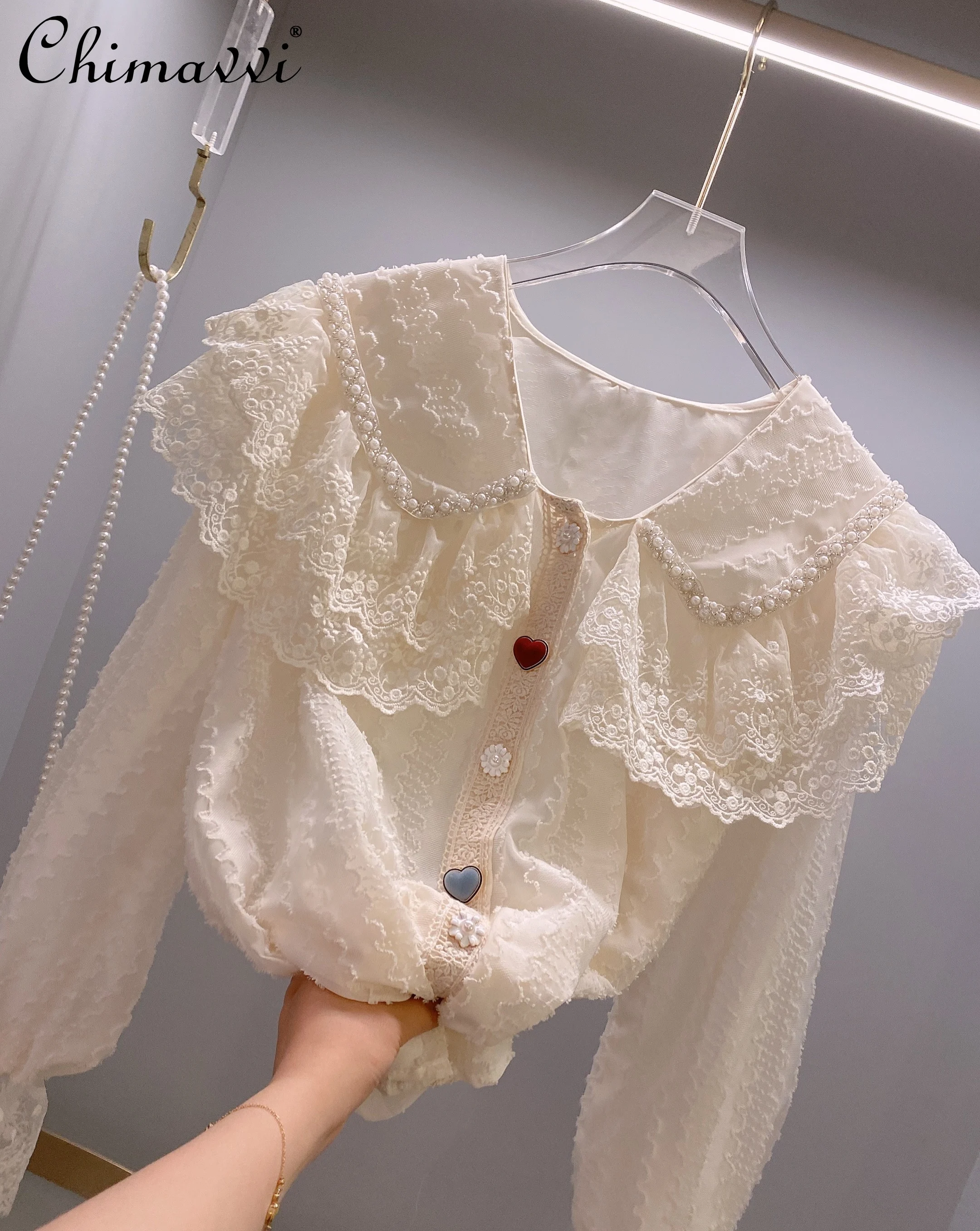 

White Sweet Blouse Women's Clothing 2021 Spring New Peter Pan Collar Embroidered Flares Loose Long Sleeves Lace Shirt