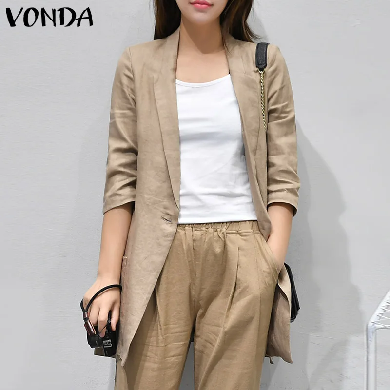 

2021 VONDA Женский Осенний официальный Блейзер, повседневные однотонные куртки, офисный костюм, блейзер, верхняя одежда, свободная офисная улич...