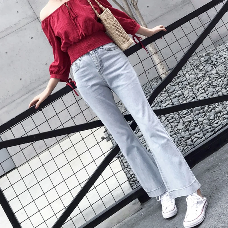 

2019 Korea High Waist Vintage Jeans Women Slim Light Blue Denim Flare Pants Spring Long Casual Trousers All Match Streetwear