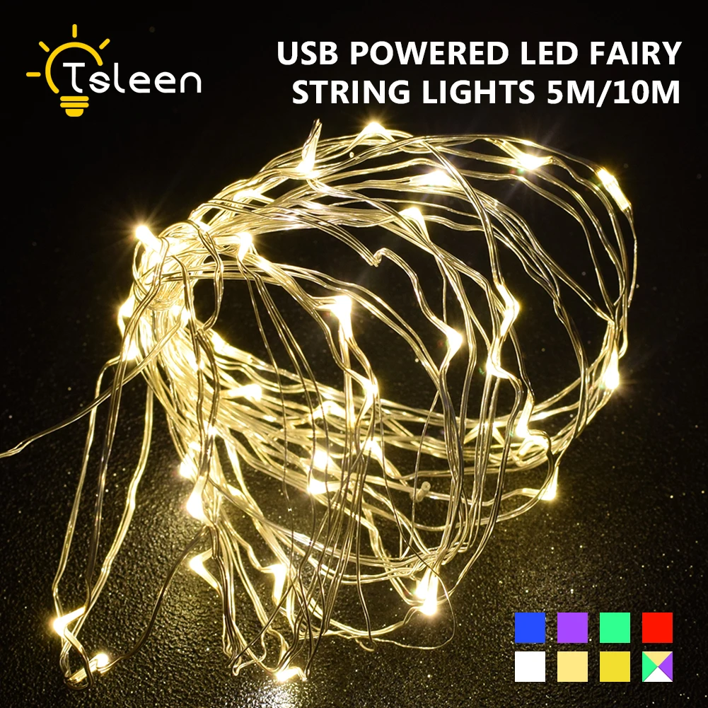 TSLEEN 5V USB сказочная лампа 5m 10m Серебряный провод водонепроницаемый светодиодный