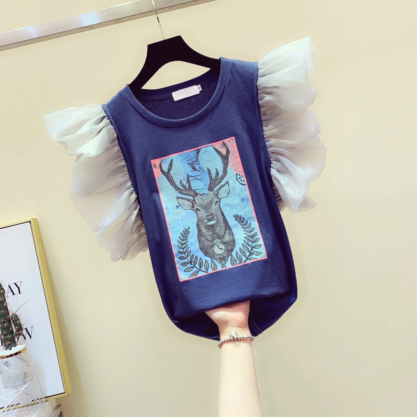 

Mesh Stitching Ruffles Sleeve Print Short Sleeve T-shirt Women 2020 Summer Loose T-shirt Women Casual T Shirt Korean Tee