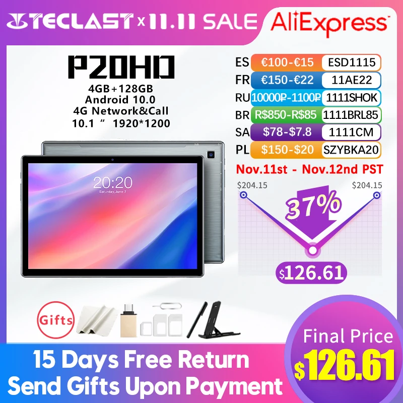 

Teclast P20HD планшет на Android 10, восемь ядер, экран 10,1 дюйма, 4 Гб + 64 ГБ