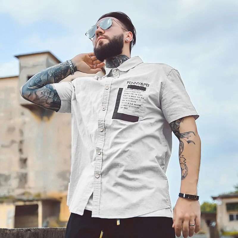 Мужская офисная рубашка с коротким рукавом хлопковая карманом и принтом для