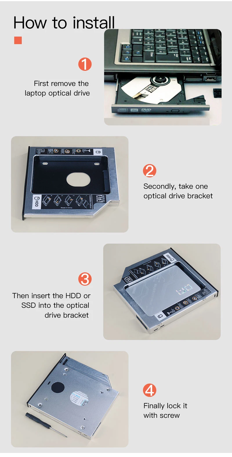 UTHAI T01 CD-ROM Drive to SSD Hard Disk Bracket Laptop Internal Enclosure 2.5 inch SATA I II III HDD Drive 12.7mm SATA3 Adapter