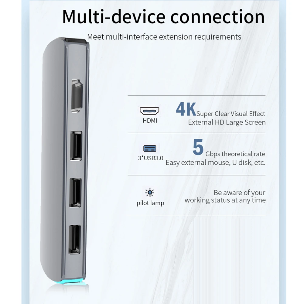 

6 in 1 Multi USB HUB HDMI PD Charge Hub USB3.0 PD Audio Hole Hub Adapter for Macbook Pro Laptop Accessories
