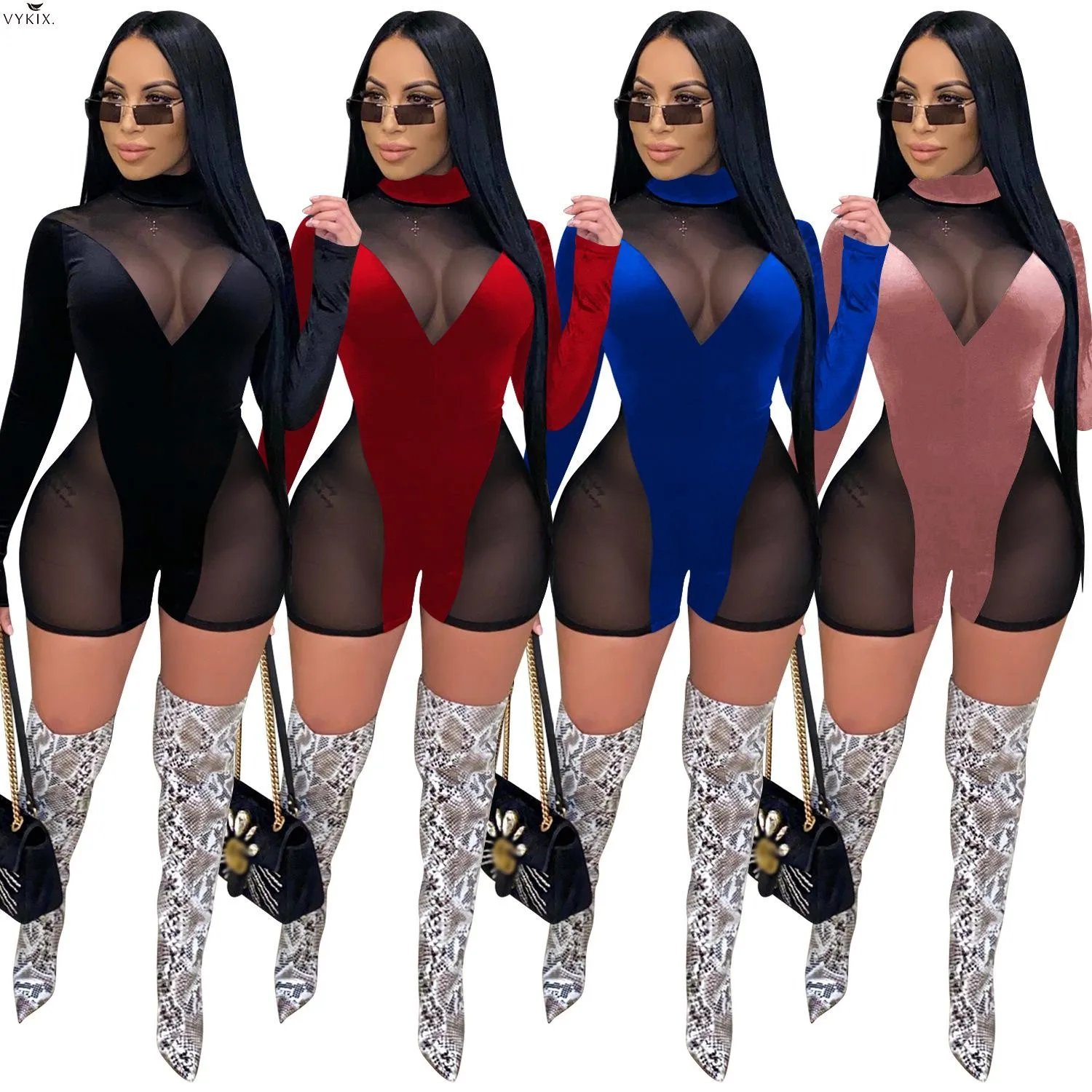 

Fashion One Piece Mesh Velvet Playsuits Rompers Bodysuit Long Sleeve Sexy Party Club Patchwork Women Night Spring Winter Outfits