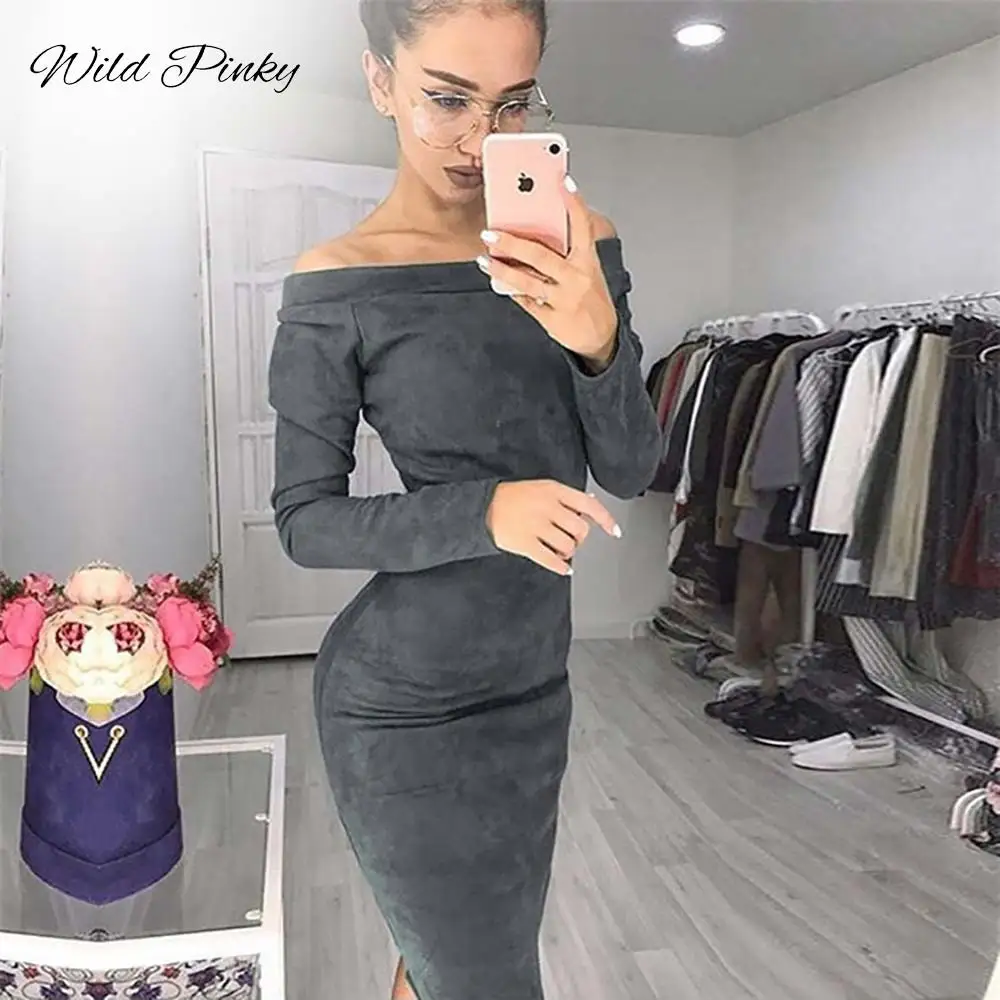 WildPinky Solid Suede Long Sleeve Off shoulder Women Midi Dress Autumn Winter Female Sexy Bodycon New Year Party Vestidos | Женская