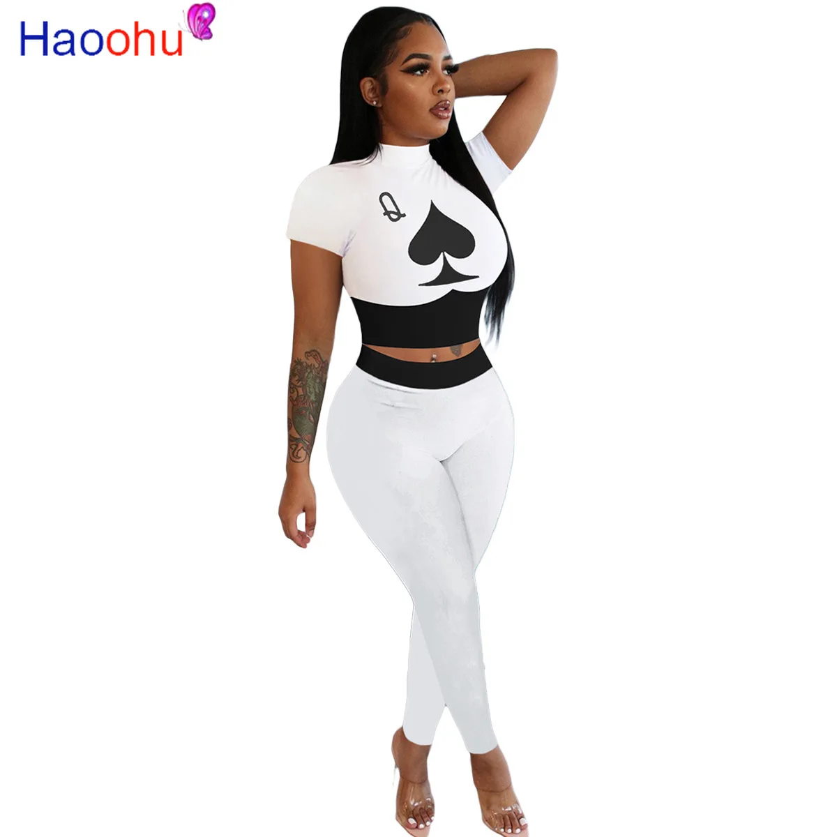 

HAOOHU High Street Women's Set Spade Q Crop Tops High Waist Patchwork Pencil Pants Jogger Suit Tracksuit Matching Set Outfit