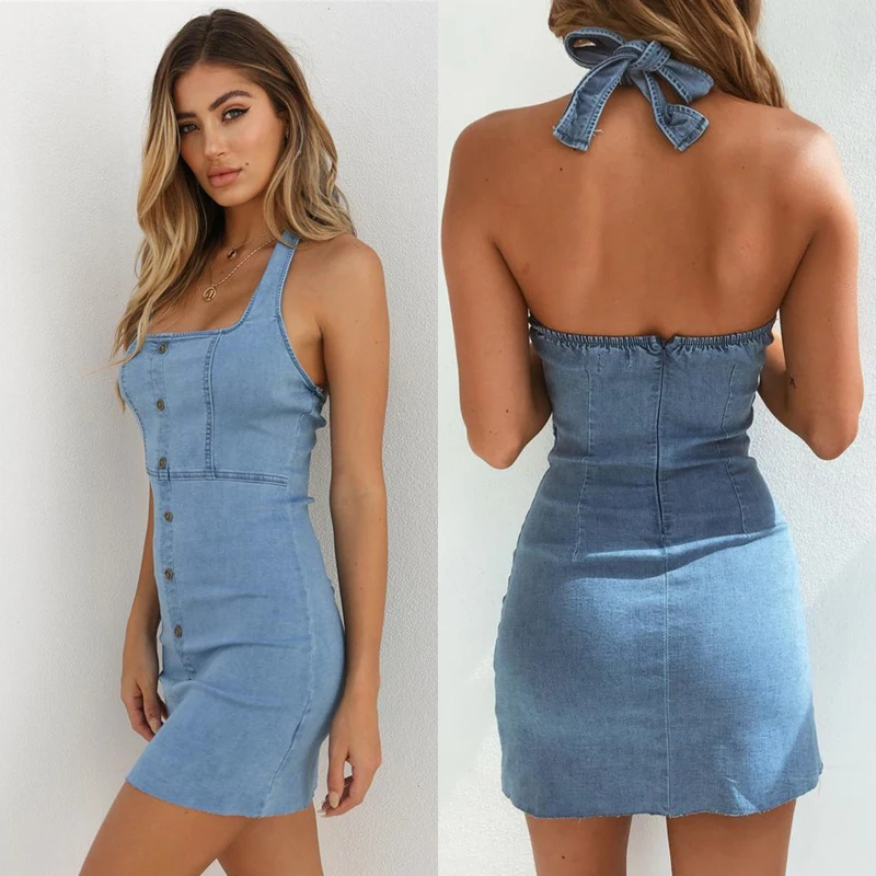 

Fashion Sexy Denim Dress 2022Summer Women Halter Sleeveless Backless Button Mini Dress Patchwork Office Lady Bodycon Blue Dress