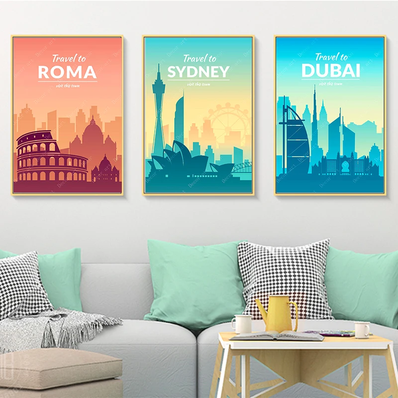 Travel to Roma Dubai London Sydney New York Canvas Paintings Vintage Wall Kraft Posters Coated Sticker Home Decoration Gift | Дом и сад